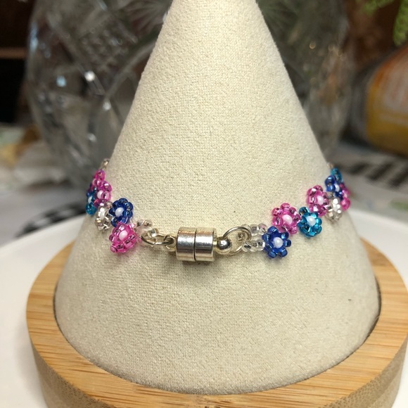 Pink Blue Czech Beaded Bracelet Daisy Thin Dainty Floral Flower Bling Glam NEW - Picture 4 of 6